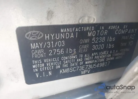 2003 Hyundai Santa Fe Gls/Lx из США, поврежденный, VIN KM8SC73E73U549817